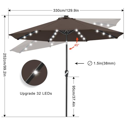 Solar Led Patio Umbrella with 32 Lights 11FT