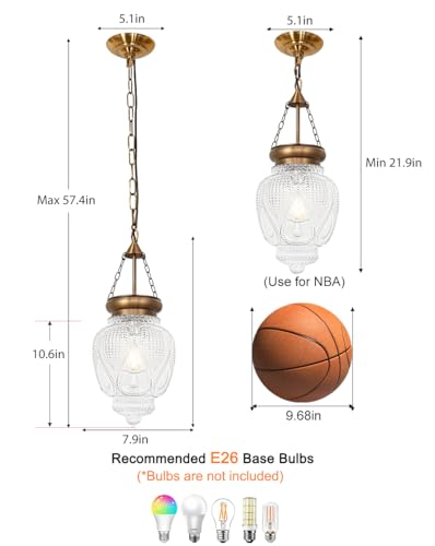 Vintage Brushed Gold Pendant Light with Clear Heavy Thick Glass