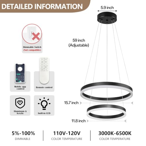 Modern Black Led Chandelier 2 Rings Dimmable LED Chandeliers with Remote Control Light Fixture for Kitchen Island Height Adjustable Chandelier Led Pendant Light for Living Room Dining Room