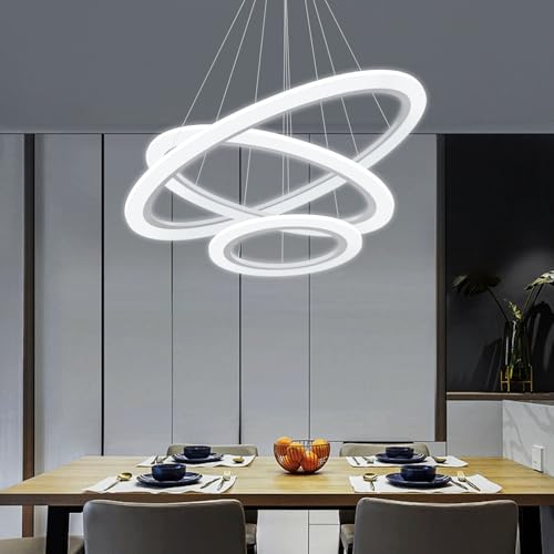 Modern LED Chandelier 3 Ring Chandelier for Dining Room Living Room Pendant Lighting High Ceiling Hanging Light Fixture for Bedroom Foyer Silver