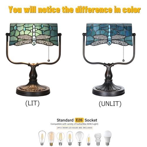 TL0030 Dragonfly Tiffany Banker Desk Lamp Stained Glass Green Shade with Vintage Bronze Base W10.25 X OH13 Inches