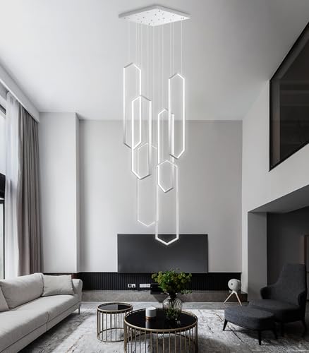 6 Rings Modern Chandelier LED Dimmable Long Large High Ceiling Chandelier Adjust Flush Mount Ceiling Light for Foyer Lobby Living Room Staircaes Sliver (6 Count)