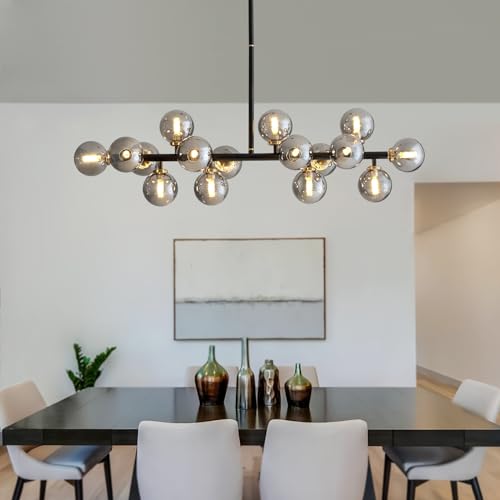 16 Lights Mid Century Modern Chandelier Black Linear Chandelier Light Fixtures Glass Globe Sputnik Pendant Light for Dining Room Kitchen Island