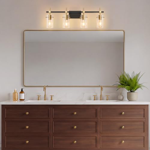 Farmhouse Brass Bathroom Vanity Lights fixtures Over Mirror Vintage Bathroom Lighting Wall Sconce with Glass Shade 4 Lights