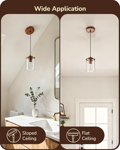Farmhouse Pendant Light Wood Grain Finish Clear Glass Shade