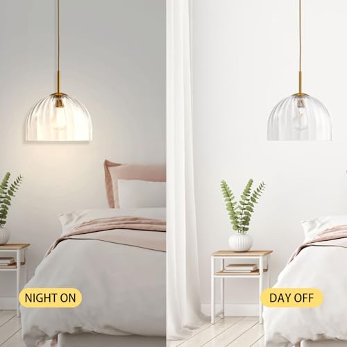 Clear Ribbed Glass Pendant Light Kitchen Island 11.8Inch Brass Hanging Lamp