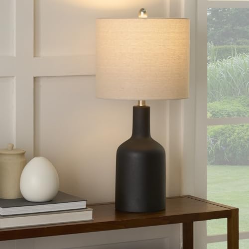 Home 22" Black Ceramic Table Lamp with Oatmeal Linen Shade for Modern Farmhouse