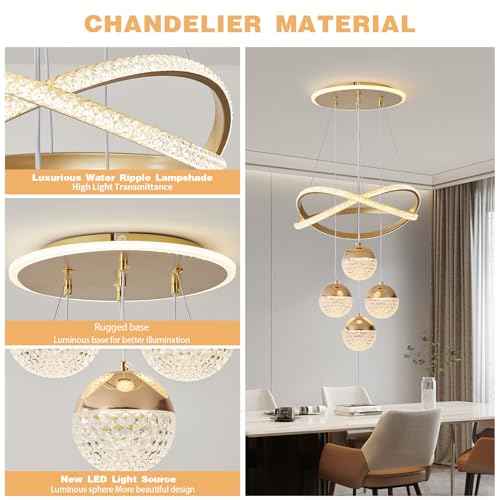 Gold LED Chandeliers, 3-Color Dimmable Pendant Light Dining Room Light Fixtures for Kitchen Island Adjustable Modern Chandeliers for Dining Room Living Room Bedroom