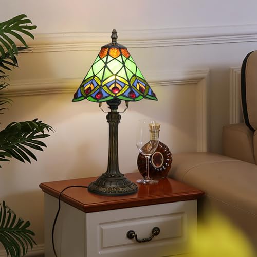 Green Small Tiffany Lamp Stained Glass Table lamp Peacock Tail Bedroom Bedside Light for Living Room Dormitory Bar Retro Style Unique Cute funky Accent Decor Cottage 8" Village gift Nightstand Lamp