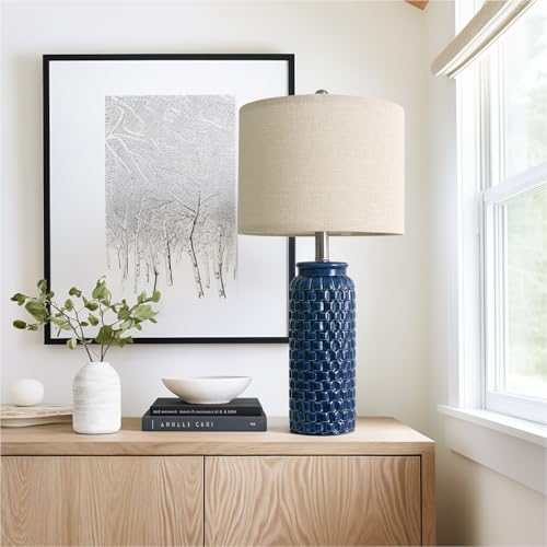 24 inches Modern Ceramic Dark Blue Bedside Lamp Set of 2 for Bedroom Decor Farmhouse Table Lamp for Living Room Office Dorm (2 Count)