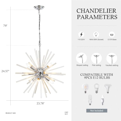 23.6" 9 Light Crystal Sputnik Chandelier Modern Adjustable Firework Globe High Ceiling Fixture for Living Room