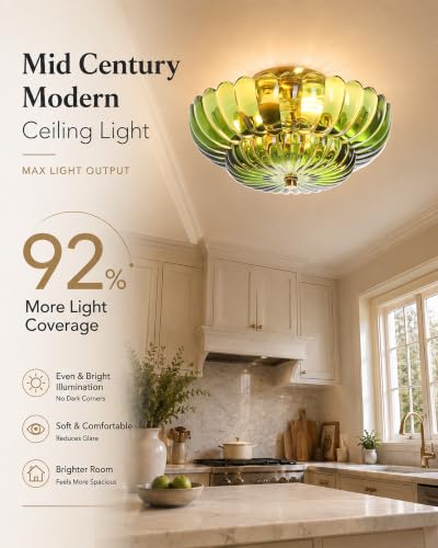 Semi Flush Mount Ceiling Light Fixture 14" Vinatge Gold Ceiling Lights Mid Century Modern Green Glass Close to Ceiling Lighting Fixtures for Bedroom Hallway Kitchen Laundry Room Bathroom
