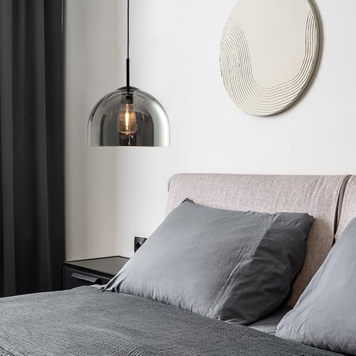 Grey Ribbed Glass Pendant Light Kitchen Island 11.8Inch Large Hanging Lamp