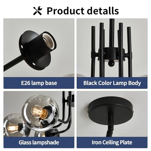 6 Light Glass Globe Sputnik Chandeliers Modern Matte Black Ceiling Light Fixture Semi Flush Mount Ceiling lamp for Living Room Dining Room Farmhouse Bedroom Kitchen