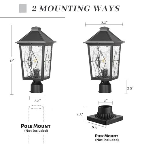 Dusk to Dawn Lamp Posts Outdoor Lighting Waterproof Outdoor Post Lights Hard Wired with Hand‑soldered Glass 14 Inch Height Black Pole Light for Garden Yard Patio Pathway E26 Socket