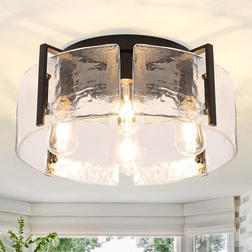 Modern 4 Light Flush Mount Ceiling Light with Hammered Glass Shade