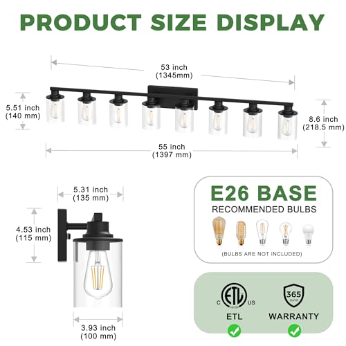 55 Inch 8 Light Black Bathroom Vanity Light Fixture Over Mirror