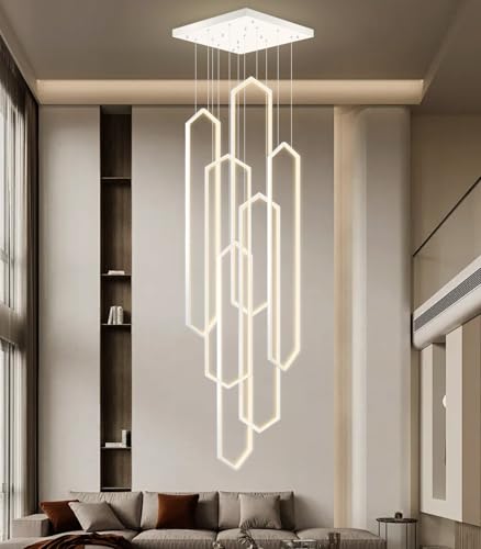 6 Rings Modern Chandelier White Large Contemporary LED Dimmable Light for Living Room Entrance High Ceiling Chandeliers with Remote Control for Villa Foyer
