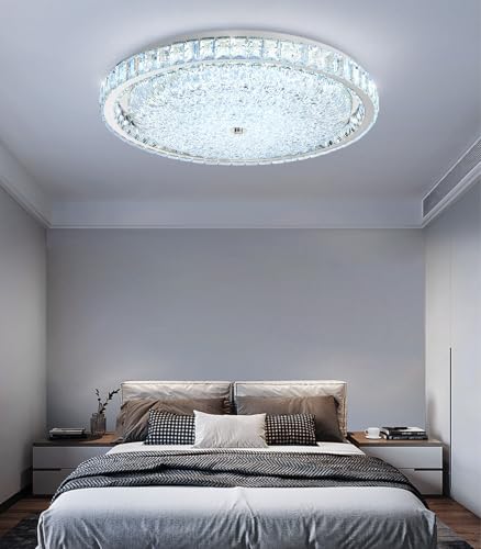 24" Modern Crystal Chandelier Dimmable LED Flush Mount Ceiling Light with Remote Control for Bedroom Hallway Dining Room Silver