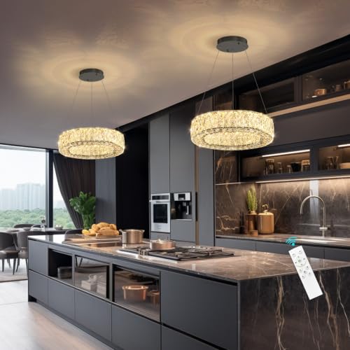 Modern Chandelier for Dining Room Dimmable LED Pendant Lights for Kitchen Island Lighting Black Ring Crystal Chandeliers for Bedroom Entrance Living Room