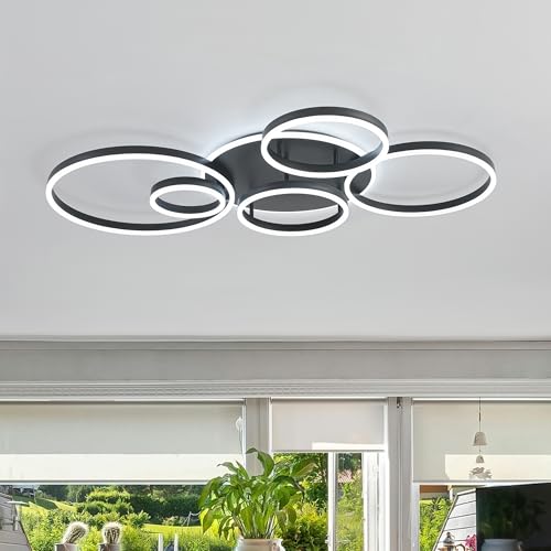 Black Flush Mount Ceiling Light Dimmable Dining Room Light Fixture Round 6 Rings Modern LED Ceiling Light with Remote Control 47" Kitchen Lighting Fixture Ceiling Lamp for Living Room