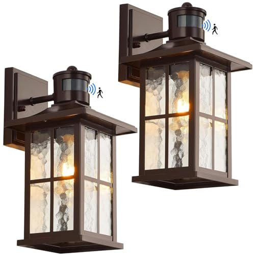 2 Pack Motion Sensor Outdoor Wall Lights Dusk to Dawn Exterior Porch Lantern Brown Outside Sconce Lighting Fixtures Rustic Farmhouse Wall Mount Carriage Lamp for House Garage Patio (2 Count)