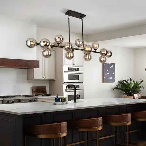 Mid Century Modern Chandelier 55in Linear Bubble Chandeliers 16-Light Black & Gray Sputnik Pendant Lighting Fixture for Dining Room Kitchen Island