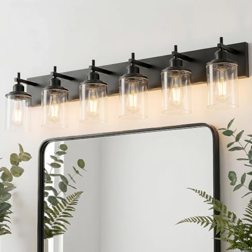 6 Light Black Bathroom Light Fixture Over Mirror Modern Farmhouse Bathroom Vanity Light Vintage Wall Lighting with Clear Glass Shade for Bathroom