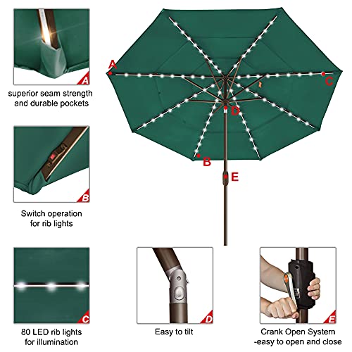 USA 10-Year-Non-Fading 9ft 3-Tier Market Patio Umbrella, Commercial Table Umbrella with 80 Solar LED Lights, Crank Open, Windproof & UPF 50+ UV Protection for Garden, Deck, Pool, Backyard, Forest Green