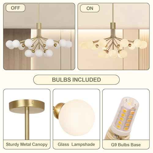 Depuley Bubble Ball Sputnik Chandelier: 18-Light Glod Modern Mid-Century Chandeliers for Dining Room - Milky White Glass Ceiling Light Fixture Height Adjustable Kitchen Over Table Included G9 Bulbs