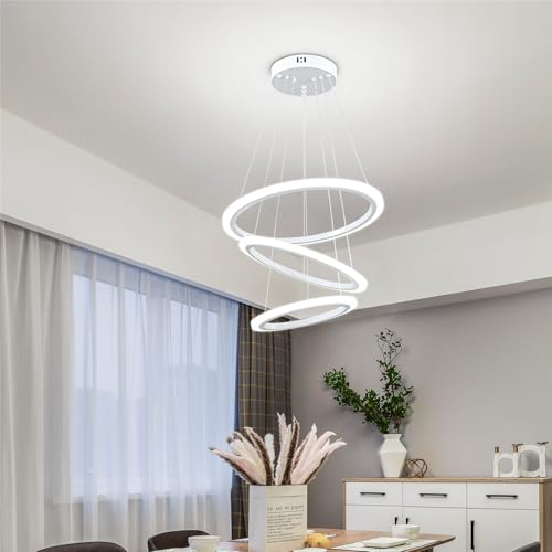 Modern LED Chandeliers White Pendant Light Fixture 3 Ring Flush Mount Chandeliers with Adjustable Hanging Cord for Bedroom