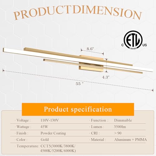 55" Long Vanity Light Gold Bathroom Wall Light Fixtures Long Vanity Lights Over Mirror Lighting Lamps Dimmable Bathroom Wall Mount Lighting Over Vanity Mirror