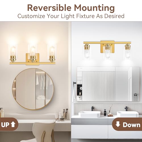 19" Gold Modern Vanity Lights Over Mirror with Clear Glass Shades
