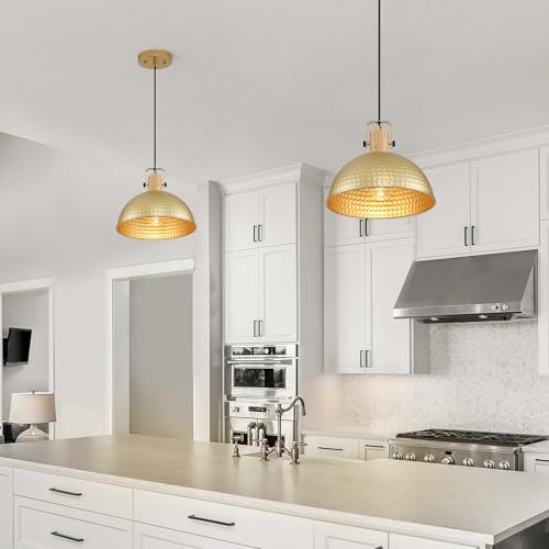 12 Inch Gold Pendant Lights Hammered Matte Pendant Lights for Kitchen Island Industrial Farmhouse Adjustable Height Dome Hanging Light Fixtures for Barn (3 Count)