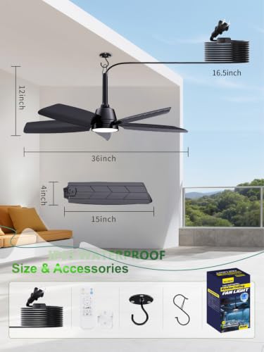 Outdoor Gazebo Ceiling Fan with Light and Remote (Black / 36 Inch)