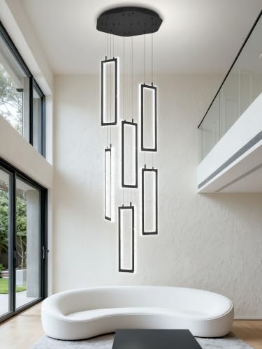 Modern Chandelier 6 Rings Black Chandeliers Lighting Fixture High Ceiling Chandelier Suitable for Living Room Staircase Villa