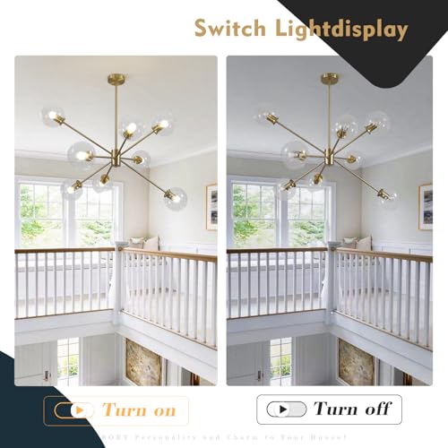 8 Lights Modern Large Gold Globe Sputnik Chandelier Contemporary Clear Glass Ball Bubble Chandelier Lighting Brass Sputnik Hanging Light Fixture Vintage Retro Pendant Lights Kitchen Island