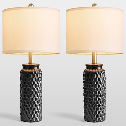24" Modern Ceramic Black Bedside Lamp Set of 2 Table Lamp for Bedroom Decor Farmhouse Table Lamp for Living Room Office Dorm (2 Count)
