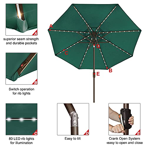USA 10-Year-Non-Fading 9ft Market Patio Umbrella, Commercial Grade Table Sun Umbrella with 80 Solar LED Lights, Crank Open, Windproof & UPF 50+ UV Protection for Garden, Deck, Pool, Backyard, Forest Green