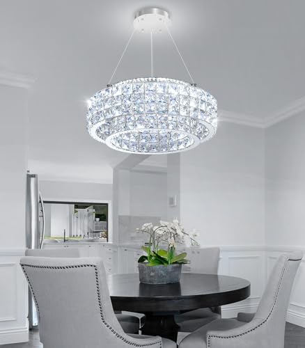 LED Chandeliers for Dining Room LED Dimmable Pendant Lights for Kitchen Island Crystal Adjustable Chandelier for Bedroom Hallway Entrance 16" Silver Light