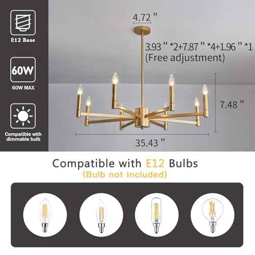 ASGYISA 8-Light Gold Candle Chandeliers Modern Farmhouse Ceiling Light Fixture Industrial Lighting for Dining Room Living Room Bedroom Kitchen Island Foyer