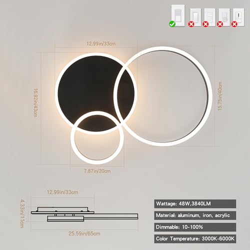 Modern Dimmable LED Flush Mount Ceiling Light Remote Control Acrylic Ring Chandelier