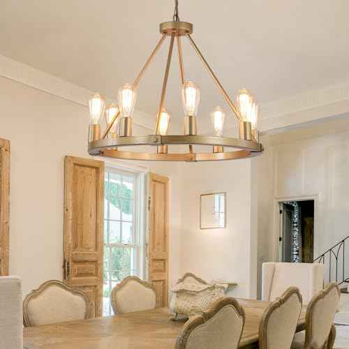 23.6“ 8 Lights Golden Wagon Wheel Chandelier, Large Luxury Kitchen Island Pendant Light for Living Dining Room Foyer Entryway,Height Adjustable,E26.