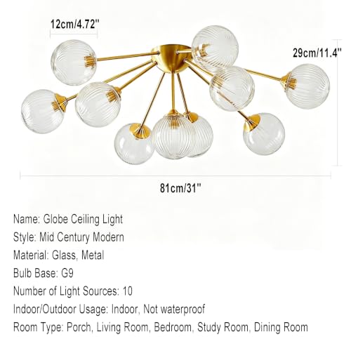 10‑Head Clear Textured Glass Sputnik Ceiling Light Starburst Light