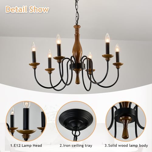 Farmhouse Wood Chandelier for Dining Room Rustic Candle Ceiling Chandelier Black Adjustable Hanging Light Fixture for Kitchen Living Room Foyer Entryway