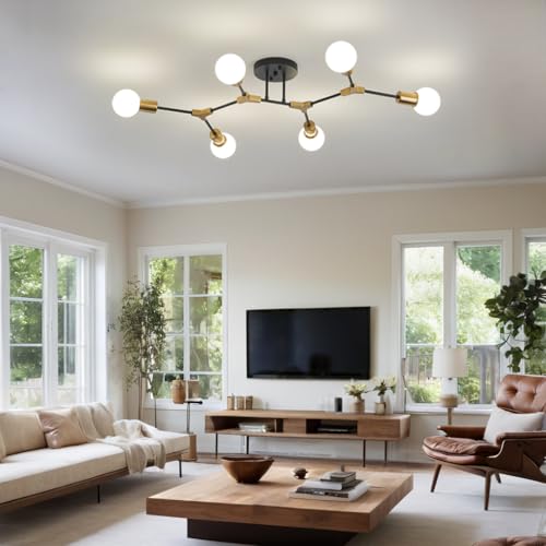 Mid Century Gold and black Sputnik Semi Flush Mount Ceiling Light Fixture