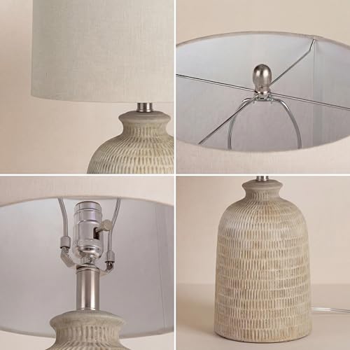 Home 24" Natural Beige Textured Ceramic Table Lamp with Tan Linen Shade