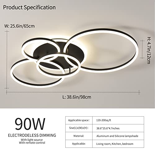 Modern LED Ceiling Light 90W Dimmable Ceiling Light Fixture with Remote Control 5 Rings Flush Mount Ceiling Light Black Acrylic Chandelier LED for Living Room Bedroom Kitchen Light fixtures