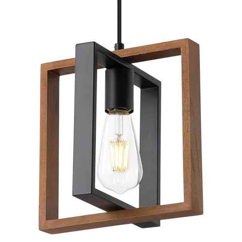 Industrial Small Pendant Lighting, Farmhouse Kitchen Island Hanging Lamp with Cord, Wood+Metal,1 Light E26 Fixture for Dining Room Bedroom Hallway Entryway,9.5 inch