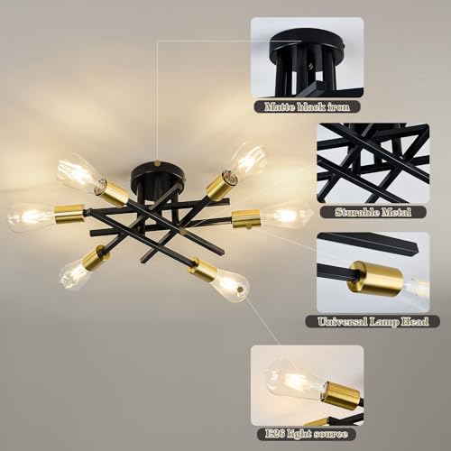 6 Lights Sputnik Semi Flush Mount Ceiling Light Fixture Modern Metal Black and Gold Chandeliers with E26 Bulb Base Close to Ceiling Light for Kitchen Dining Room Living Room Hallway Bedroom